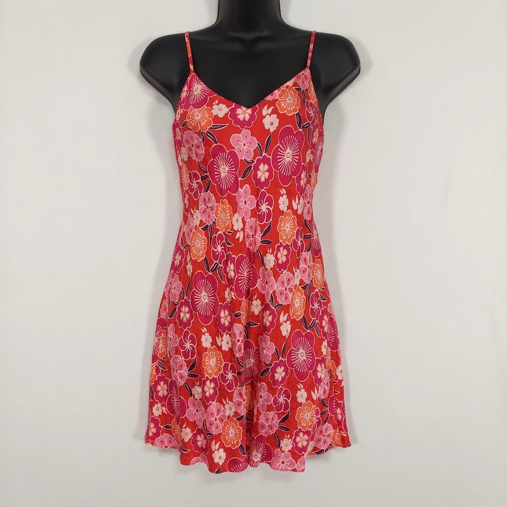 August Silk Intimates 100% Silk Slip Dress Womens M Floral Lingerie Red Pink